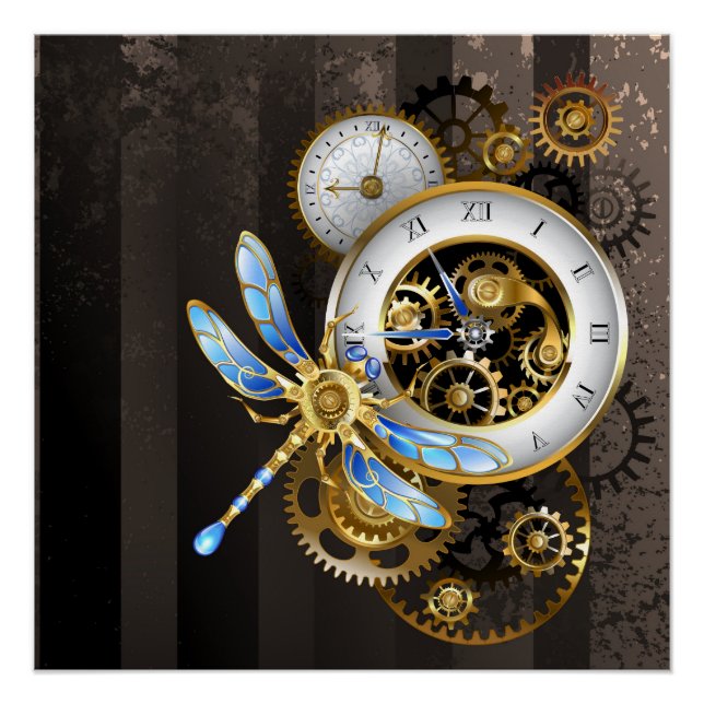 Poster Horloge à vapeur avec libellule mécanique (Devant)