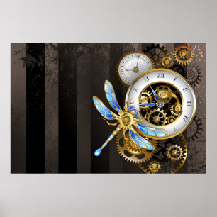 Poster Horloge à vapeur avec libellule mécanique