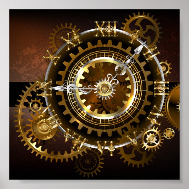Poster Horloge Steampunk avec des engrenages anciens (Devant)