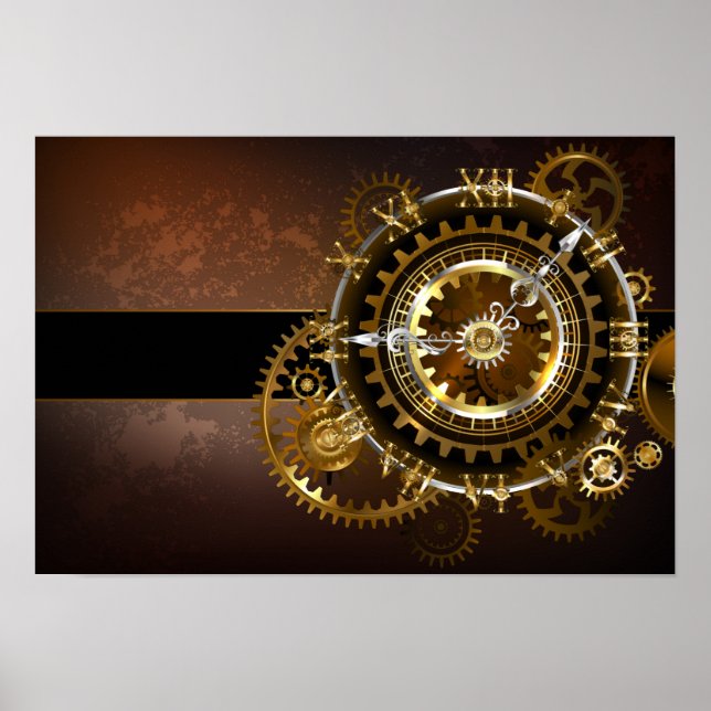 Poster Horloge Steampunk avec des engrenages anciens (Devant)