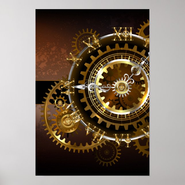 Poster Horloge Steampunk avec des engrenages anciens (Devant)