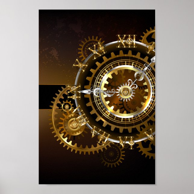 Poster Horloge Steampunk avec des engrenages anciens (Devant)