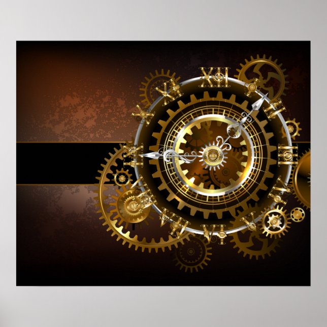 Poster Horloge Steampunk avec des engrenages anciens (Devant)
