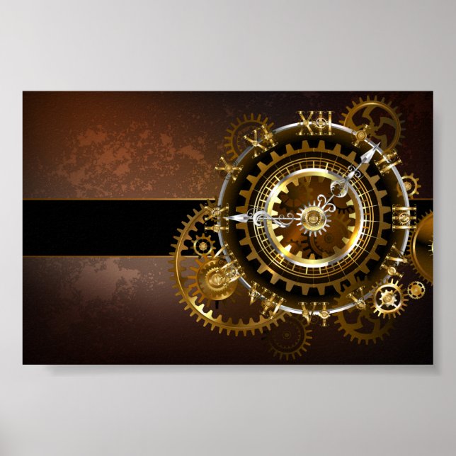Poster Horloge Steampunk avec des engrenages anciens (Devant)