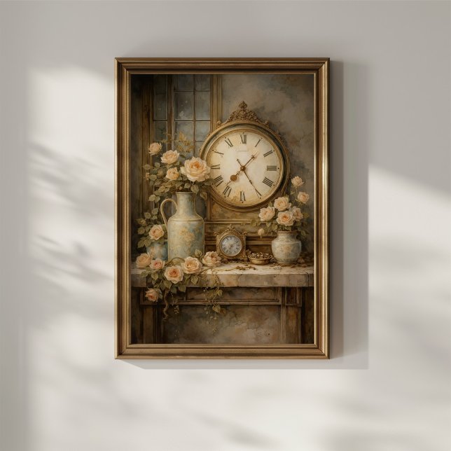 Poster Horloge Vintage et Roses (Créateur téléchargé)