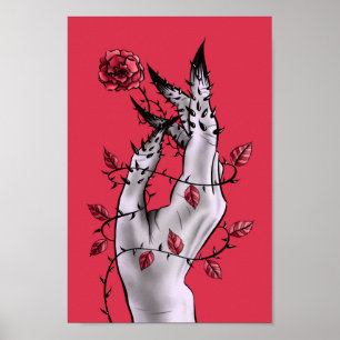 Poster Horreur surréaliste main avec gothique Rose