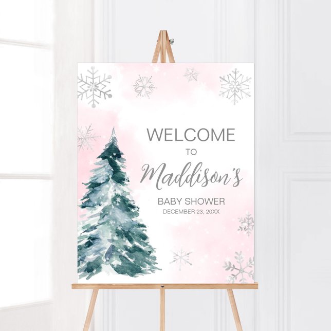 Poster Hors de Pink Winter Baby shower Bienvenue (Pink Silver Pine Tree Baby Shower Welcome Sign)
