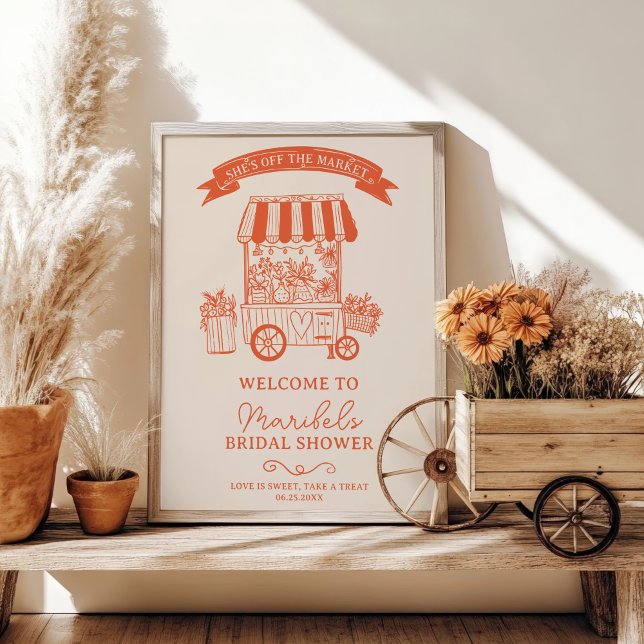 Poster Hors du marché oranges gribouillis accueil nuptial (Off the market orange scribbles bridal welcome poster)