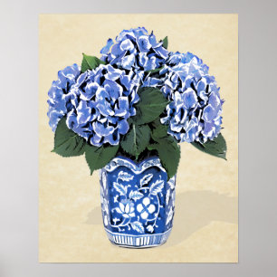 Poster Hortensias bleus dans le pot bleu sur le papier