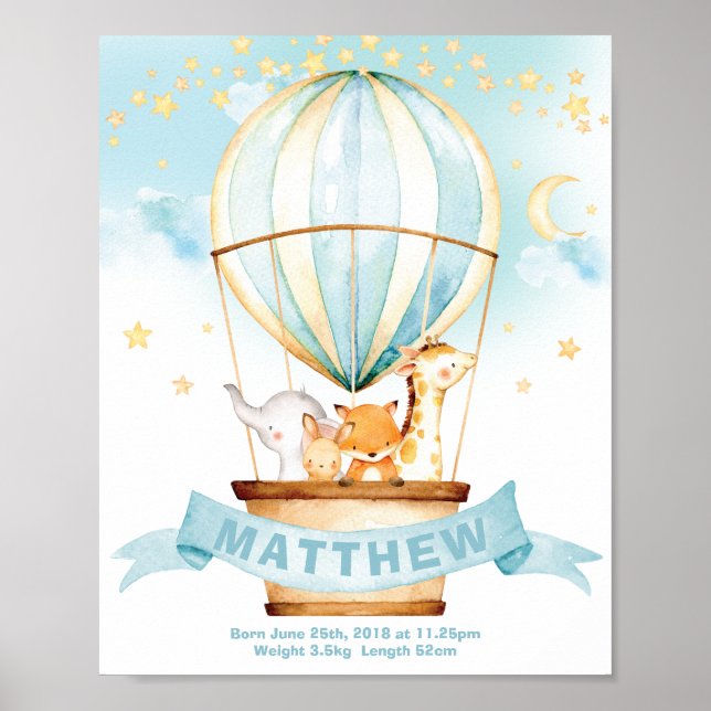 Poster Hot Air Balloon Jungle Animaux Garçon statistiques (Devant)