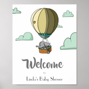 Poster Hot Air Balloon with Elephant Welcome Baby Shower