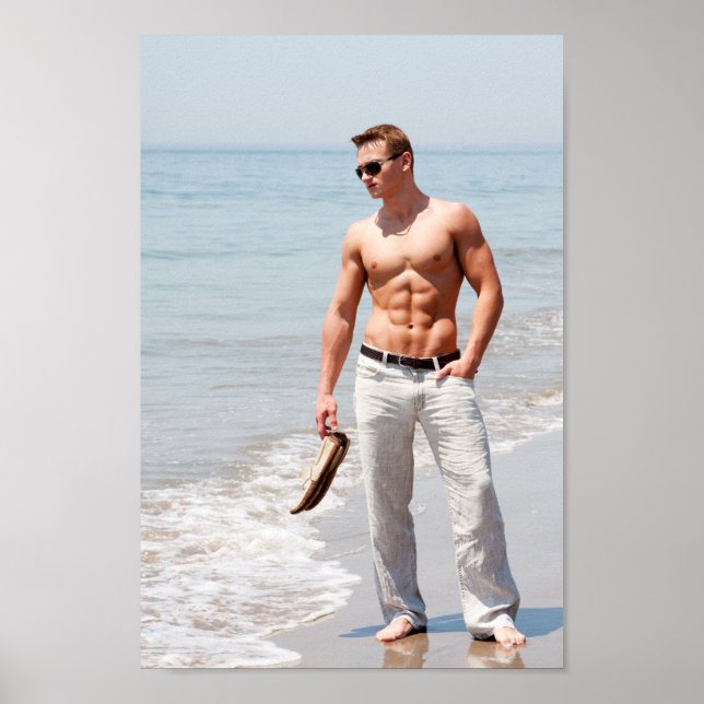 Poster Hot Guy Bare Poitrine Musculaire Abs Beach Shirles (Devant)