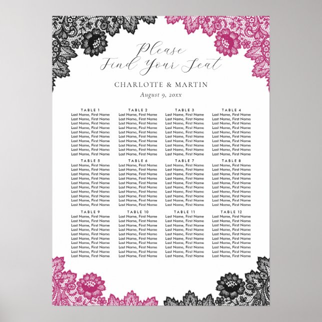 Poster Hot Pink and Black Wedding Seating Chart 12 (Devant)