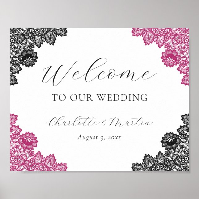 Poster Hot Pink and Black Wedding Welcome Sign (Devant)