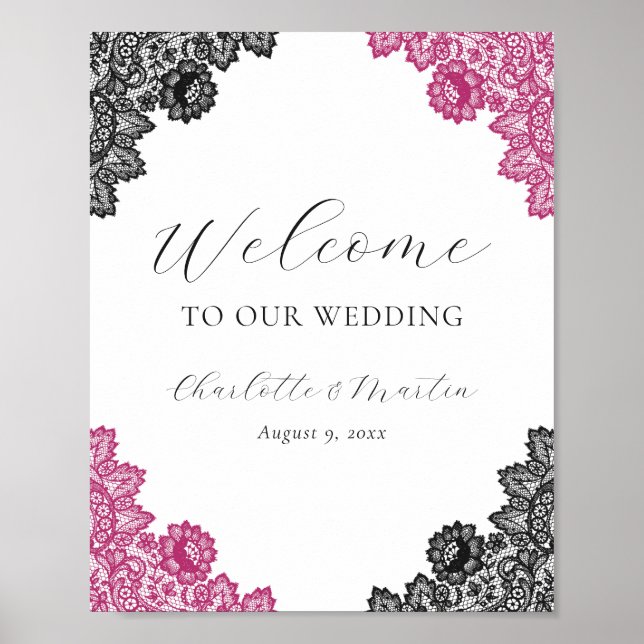 Poster Hot Pink Black Floral Lace Wedding Welcome Sign (Devant)