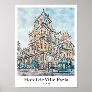 Poster Hôtel de Ville Paris Aquarelle Voyage Main tirée