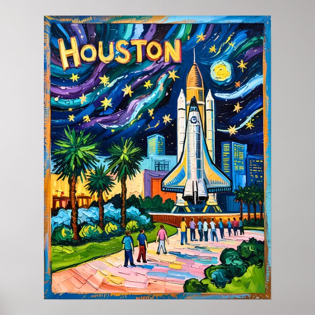 Poster Houston Skyline Space Center Rocket Van Gogh Kids (Devant)