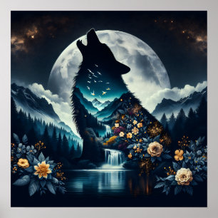 Poster Howling Wolf   Pleine lune Ai Art