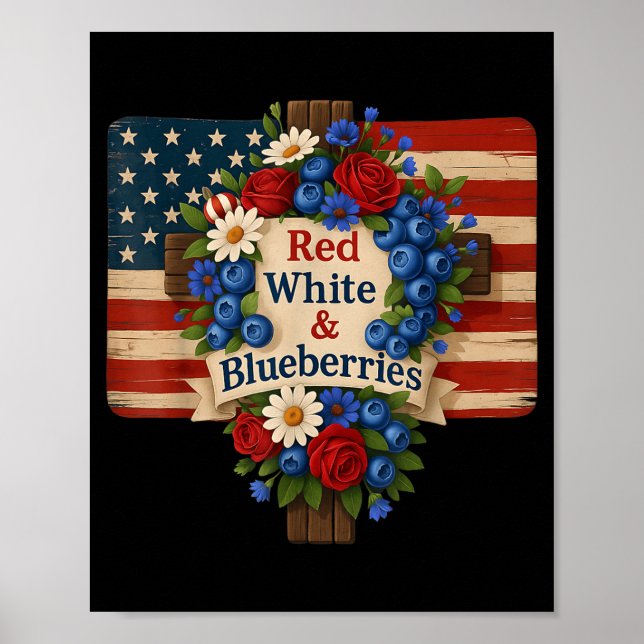 Poster Hugvyn God Bless Blueberries America Floral Patrio (Devant)