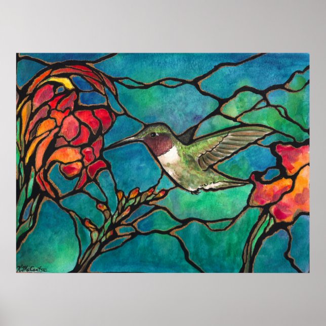 Poster "Hummingbird Melody" Unique "vitrail" Art (Devant)