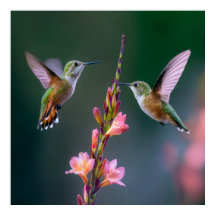 Hummingbirds Gladiolus Flowers Iridescent Pair