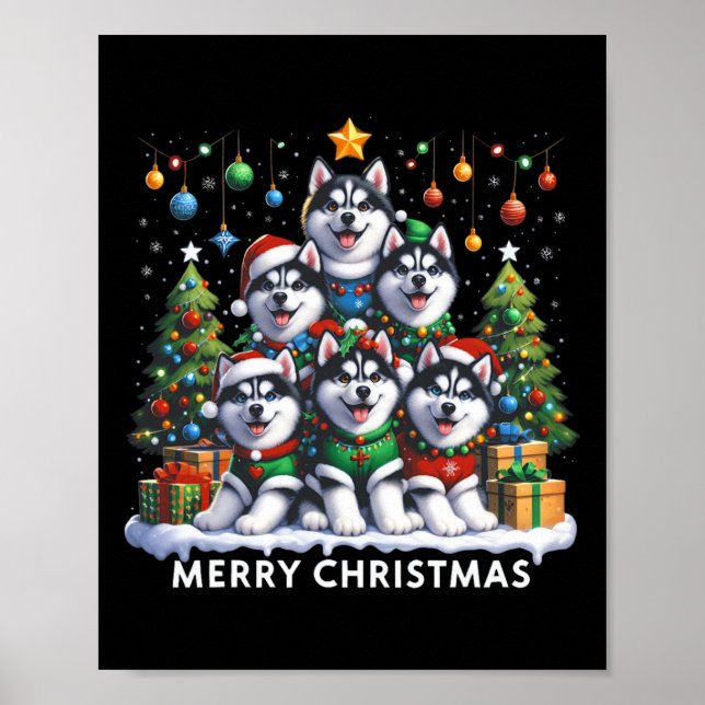 Poster Husky Chien Noël Arbre Joyeux Noël Correspondance (Devant)