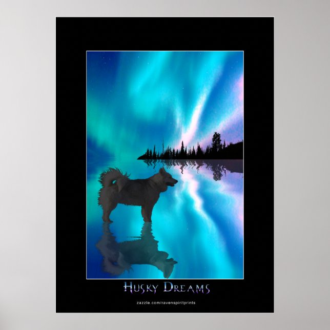 Poster Husky et Yukon Wilderness Northern Lights Art (Devant)