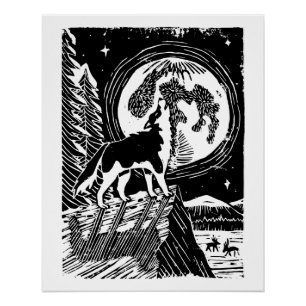 Poster Husky hurlant noir et blanc la nuit Linogravure