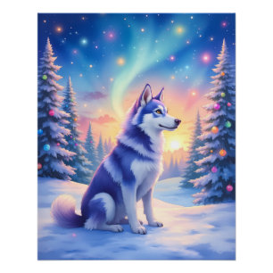 Poster Husky sibérien Aurores boréales Noël Hiver