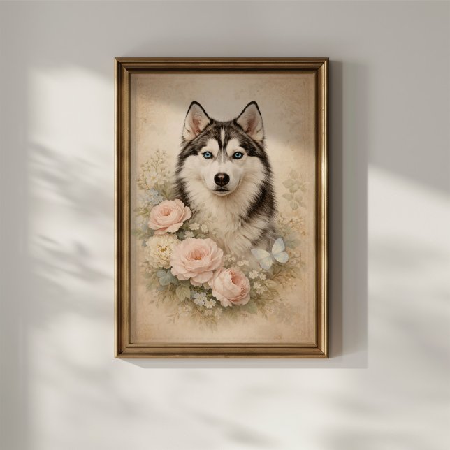 Poster Husky sibérien avec des roses (Créateur téléchargé)