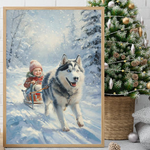 Poster Husky tire un enfant sur une traîne