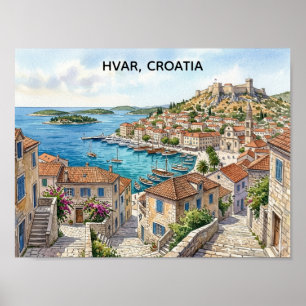 Poster Hvar Croatie Vue panoramique à l'aquarelle Voyage