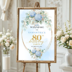 Poster Hydrangea Bleu Poussiéreux Floral Boho 80e anniver