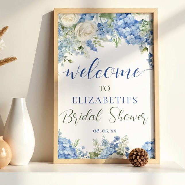 Poster Hydrangea Bleu Roses Blanches Écriture Florale Bie (Créateur téléchargé)