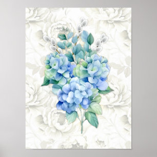 Poster Hydrangea Bleue Fond Floral Ivoire Botanique