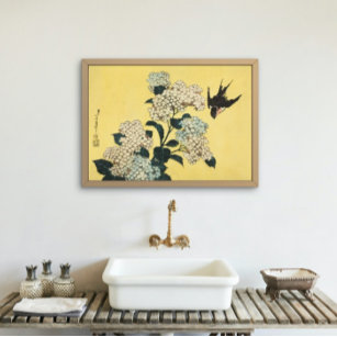 Poster Hydrangea Et Swallow Vintage Art Japonais