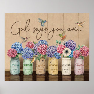 Poster Hydrangea & Hummingbirds Dieu Dit Que Vous Êtes