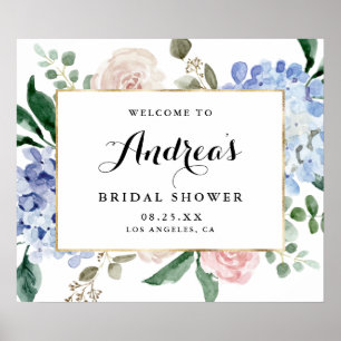 Poster Hydrangeas Aquarelle Bleue Mariage Fête Doré