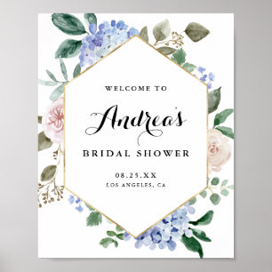 Poster Hydrangeas Aquarelles Bleues Mariage Shower Gold F