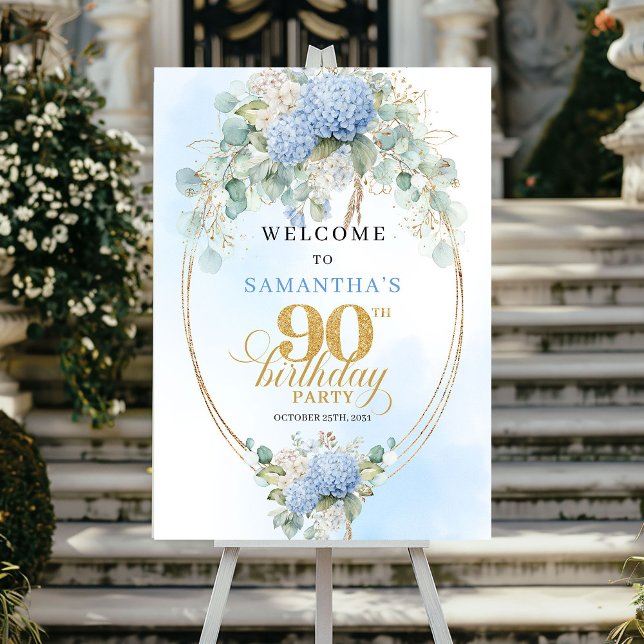 Poster Hydrangeas Bleus Doux Boho Bienvenue 90e anniversa (Soft Blue Hydrangeas Boho 90th birthday welcome)
