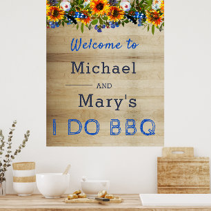 Poster I DO BBQ Floral Bois Monogramme Fiançailles Bienve