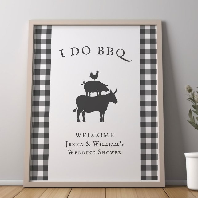 Poster I Do BBQ Rustique Agritourisme Gris Plaid Accueil (I Do BBQ editable welcome poster from my Rustic Farmhouse BBQ Bridal Shower)