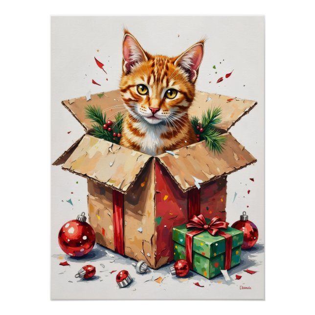 Poster I Help Unpack! Funny Cat in Christmas Shipping Box (Devant)