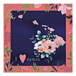 Poster I Love Hawaii, aquarelle illustration florale,