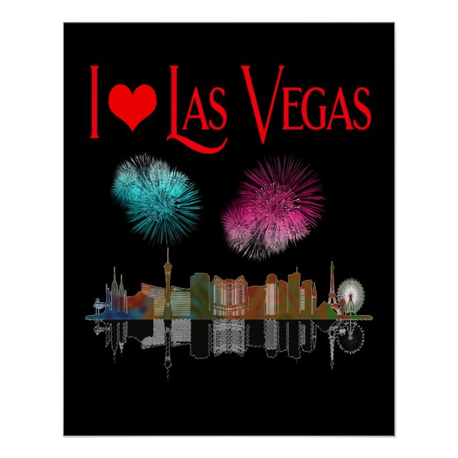 Poster I Love Las Vegas at Night Skyline Fireworks (Devant)