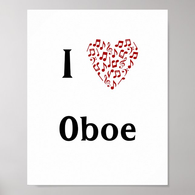 Poster I Love Oboe Red Heart of Music Notes (Devant)