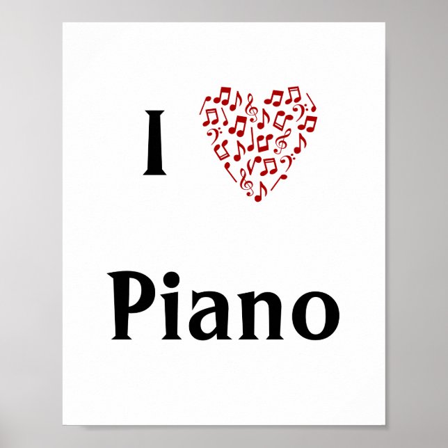 Poster I Love Piano Red Heart of Music Notes (Devant)