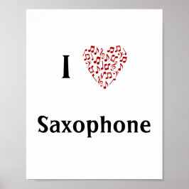 Poster I Love Saxophone Red Heart of Music Notes
