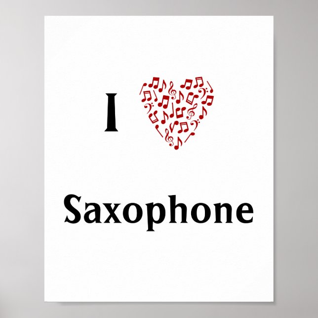 Poster I Love Saxophone Red Heart of Music Notes (Devant)