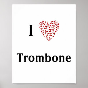 Poster I Love Trombone Red Heart of Music Notes